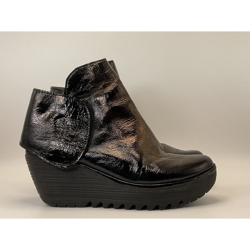 Fly London Yogi Wedge Ankle Boots Womens 37 Bronze Black Patent Leather Edgy
